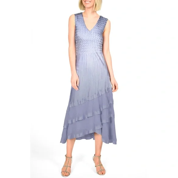 Komarov V-Neck Tiered Chiffon & Charmeuse Dress | Color: Blue/Red | Size: XL | Aprilcloset28'S Closet